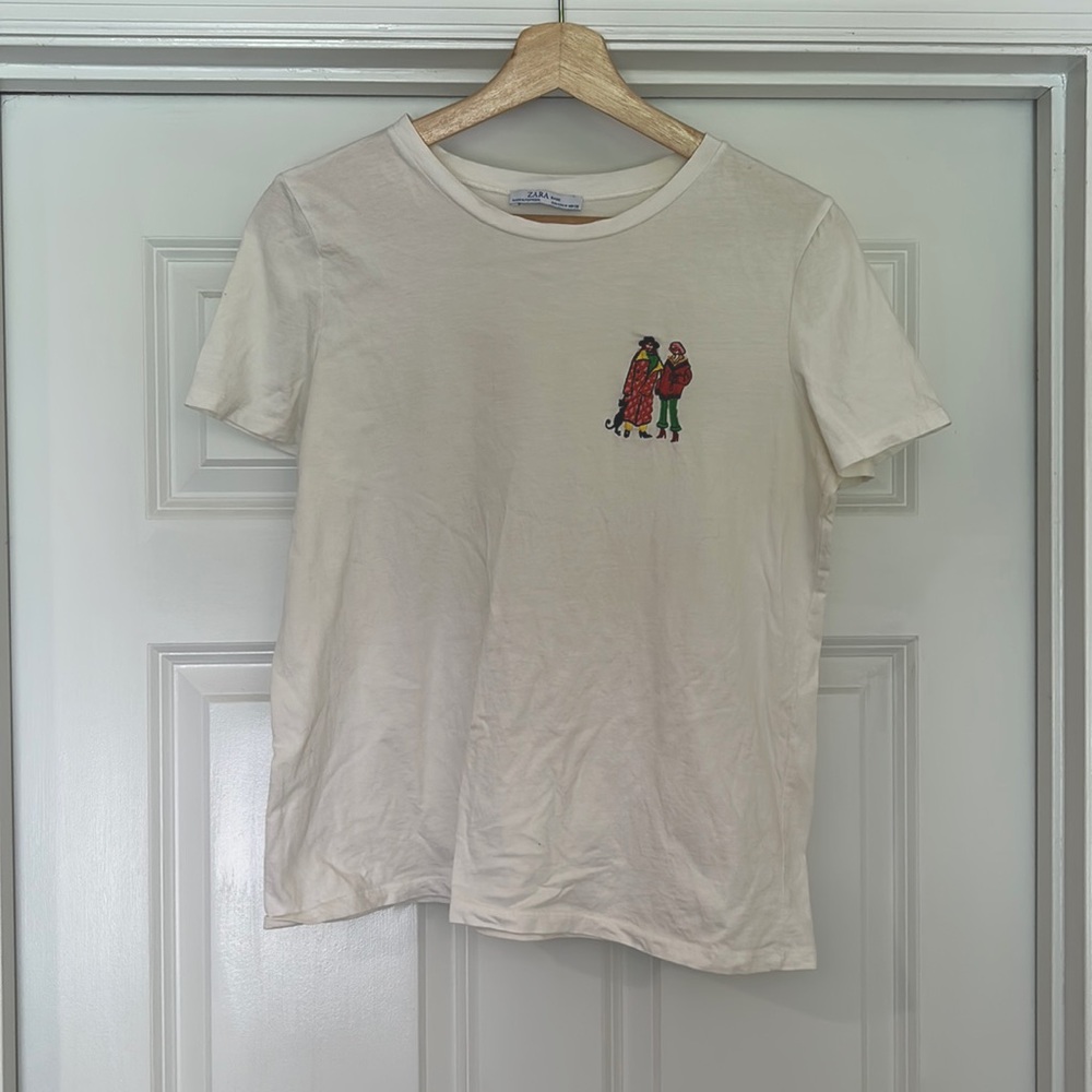 Zara Basics Embroidered Cream Tee